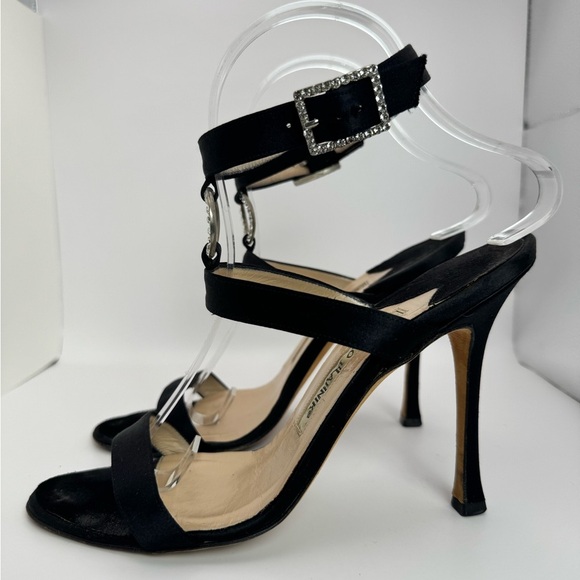 Manolo Blahnik Crystal Buckle & Ring Black Suede Open Toe Sandal Heel - Size 38 - Picture 5 of 12